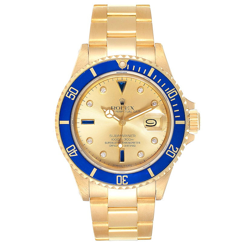 16808.jpg Rolex Submariner 16808 – 18K Yellow Gold – Diamond & Sapphire Serti Dial – Blue Bezel - 图片 1