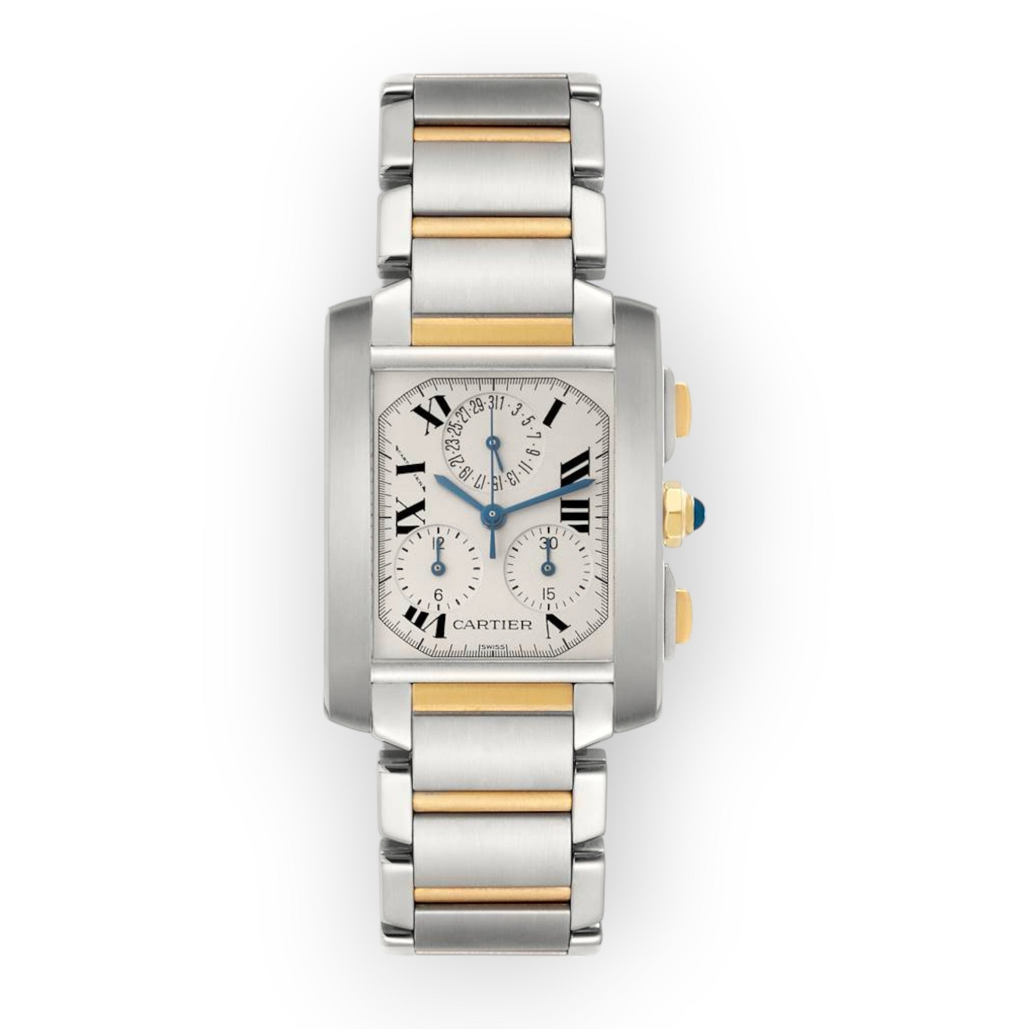 Pre-Owned-Cartier-Tank-Francaise-Chronograph-W51004Q4-28mm-White-Dial-With-Stainless-Steel-and-Yellow-Gold-Bracelet-JD-Watches-NY.jpg Cartier Tank Française Chronograph W51004Q4 28mm White Dial With Stainless Steel and Yellow Gold Bracelet - 图片 1