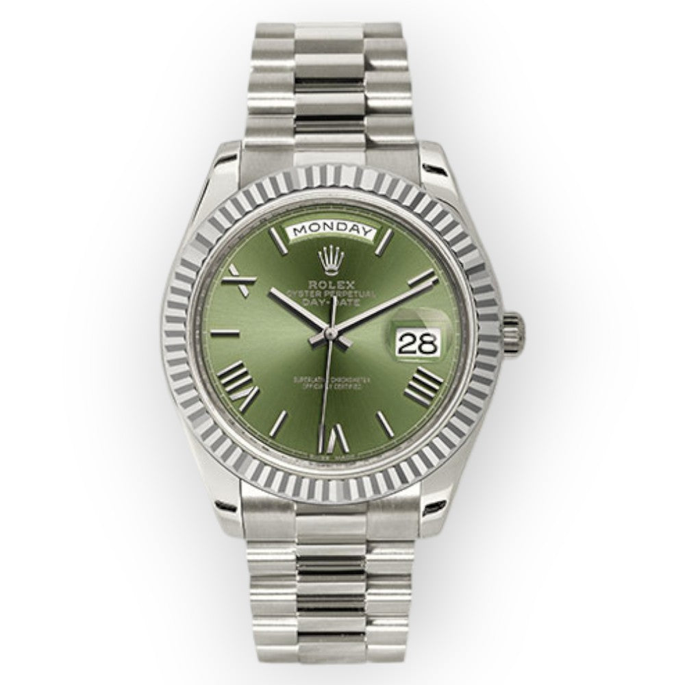 Pre-Owned-Rolex-White-Gold-Day-Date-40-Watch-Olive-Green-Roman-Dial-President-Bracelet-228239-JD-Watches-NY.jpg Rolex White Gold Day-Date 40 Watch Olive Green Roman Dial - President Bracelet 228239 - 图片 1